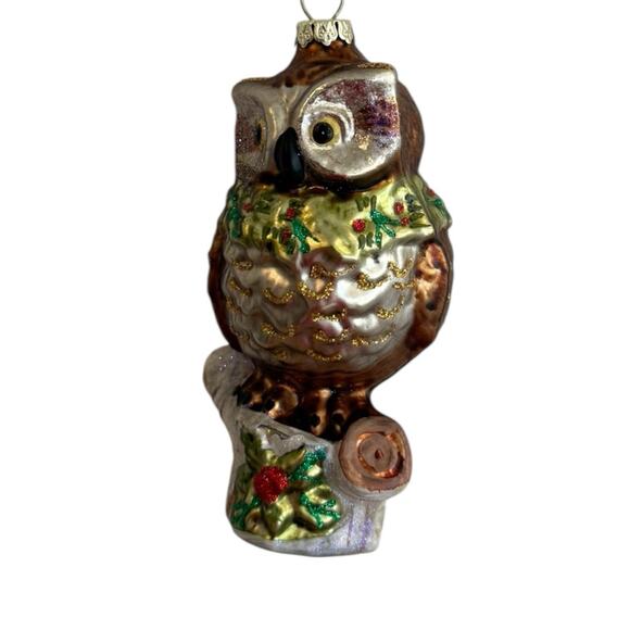 Hand Blown Rustic Owl Stump Poins Glass Ornament 5" Tall Brown Light Shimmer EUC - Picture 5 of 8